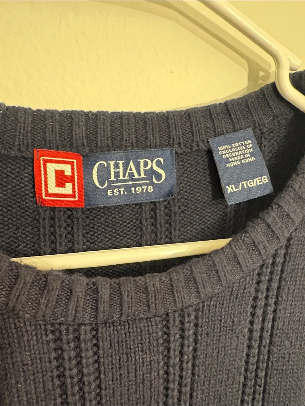 Chaps Men’s Navy Ribbed Crewneck Sweater with Embroidered Crest